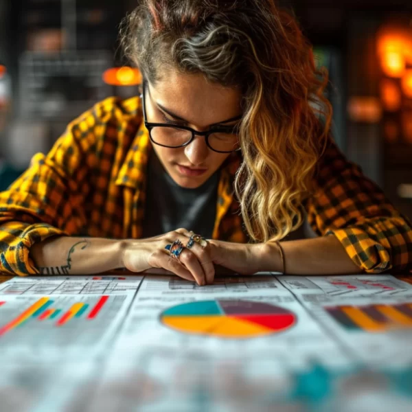 Kti Consulting Coaching personnel, Une femme analysant des graphiques sur une table dans le cadre de sa croissance professionnelle et de ses stratégies de marketing. Coaching pour entreprise