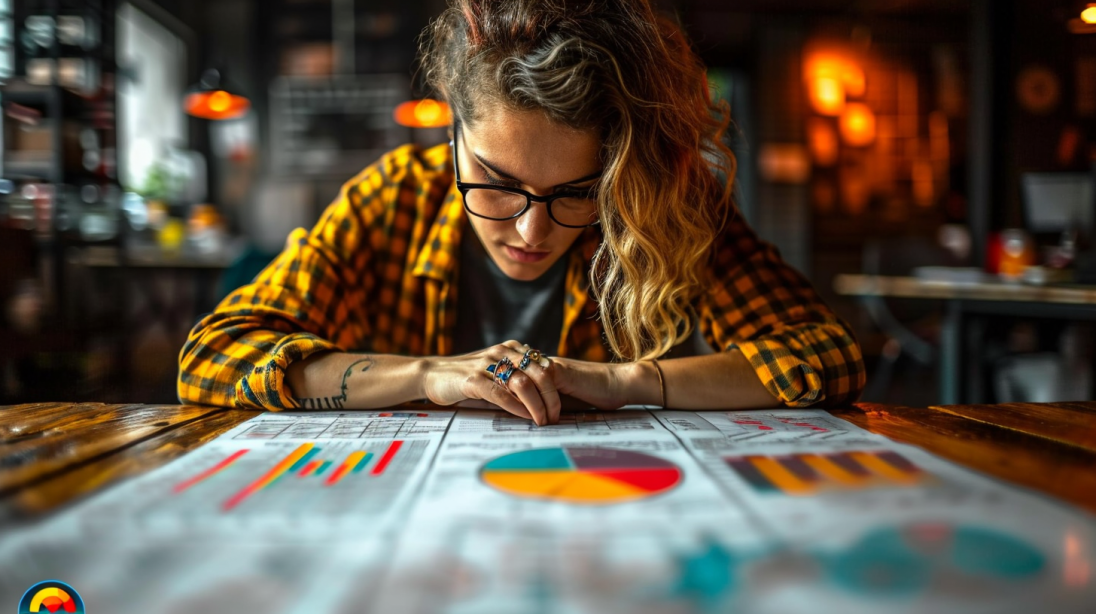 Kti Consulting Coaching personnel, Une femme analysant des graphiques sur une table dans le cadre de sa croissance professionnelle et de ses stratégies de marketing. Coaching pour entreprise
