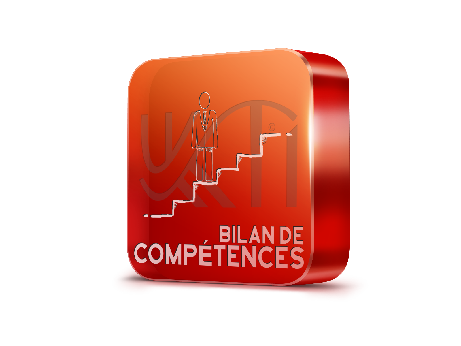 Kti Consulting Coaching personnel, Icône 3D rouge et orange avec une figure montant les escaliers, représentant l'évaluation des compétences. Le texte indique "Bilan de Compétences. Coaching pour entreprise